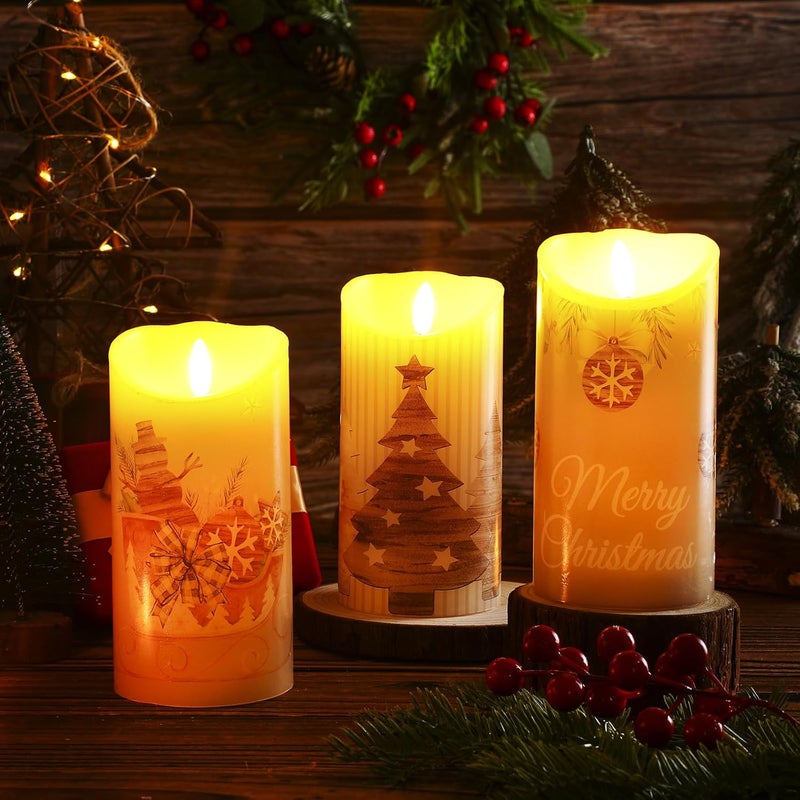 ROCEEI Store 3 Pcs Christmas Flameless Candles Winter Farmhouse Style Battery Operated LED Candles Christmas Rustic Pillar Flickering Real Wax Decorations for Indoor Table Decor Xmas Gifts Holiday Party - Image 3